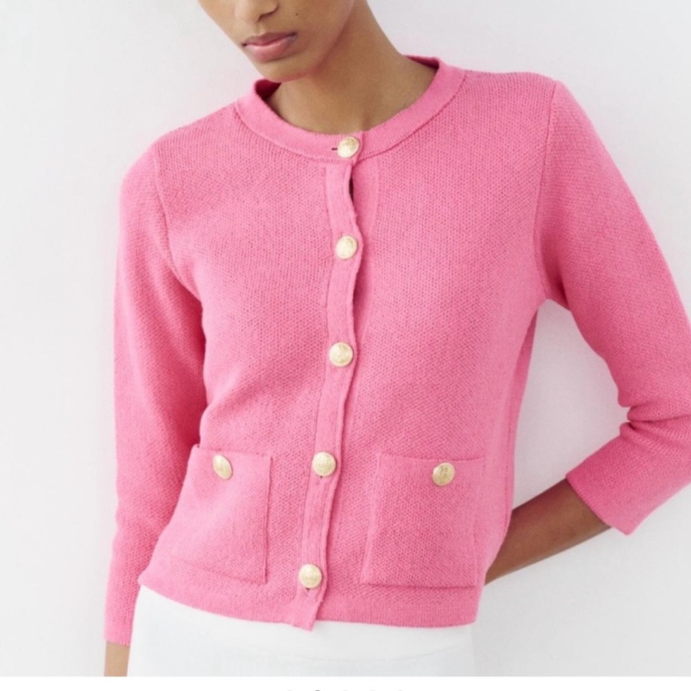 Zara Vibrant Pink Knit Cardigan with Gold Accents - Picture 2 of 4